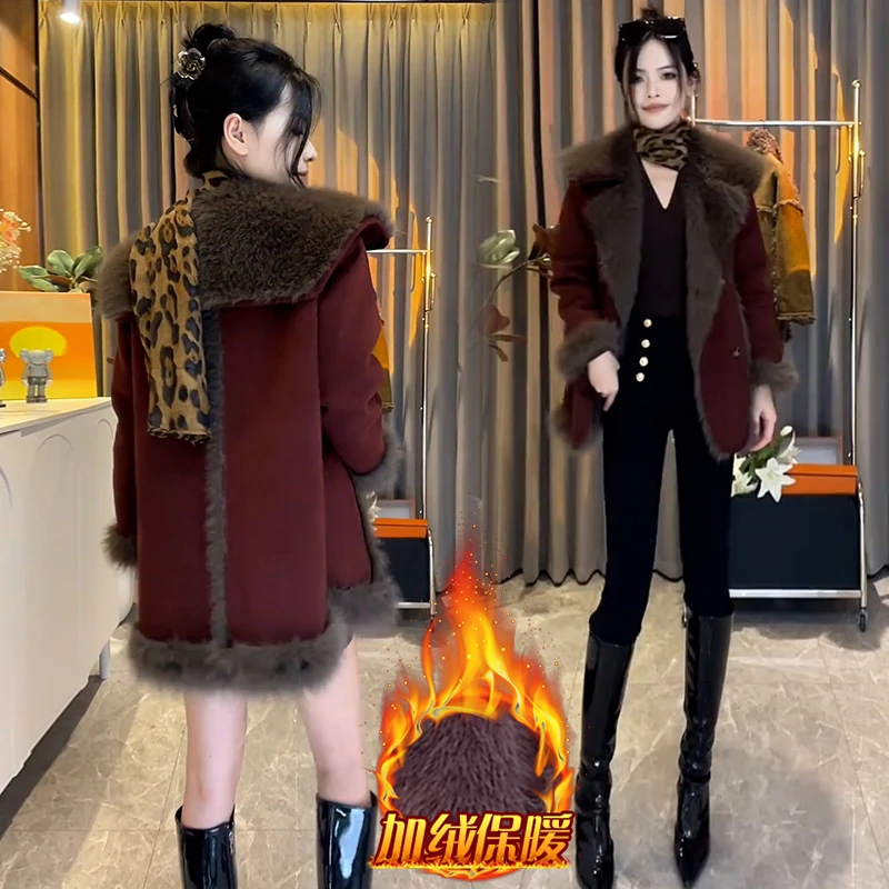 2025年冬季新款韩版洋气减龄小个子加绒加厚皮毛一体中长款外套女