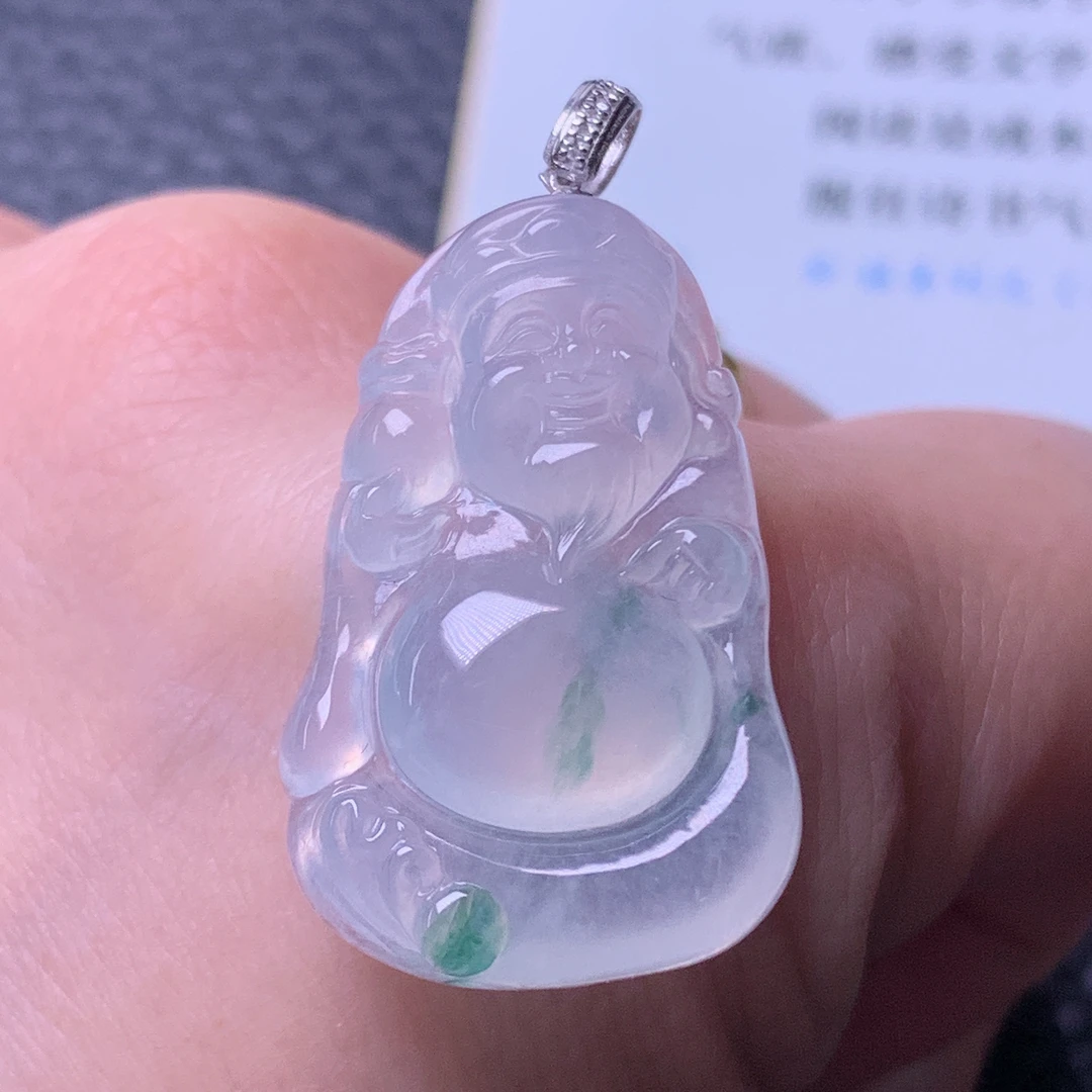 天然缅甸a货翡翠冰种飘绿财神爷玉吊坠18k金扣29/18/5