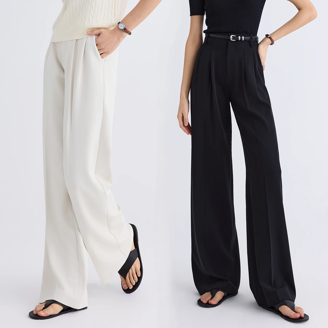 安逸者长腿连腰设计高腰窄版高贵阔腿裤白色垂感休闲西装裤1150A