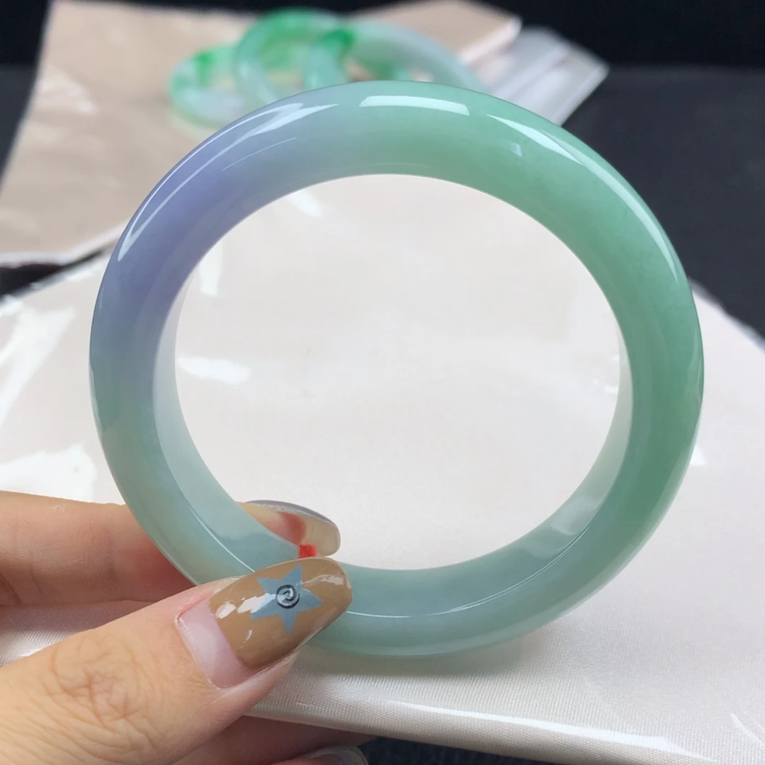 翡翠未镶嵌手镯缅甸59.0果阳绿飘紫翡正圈