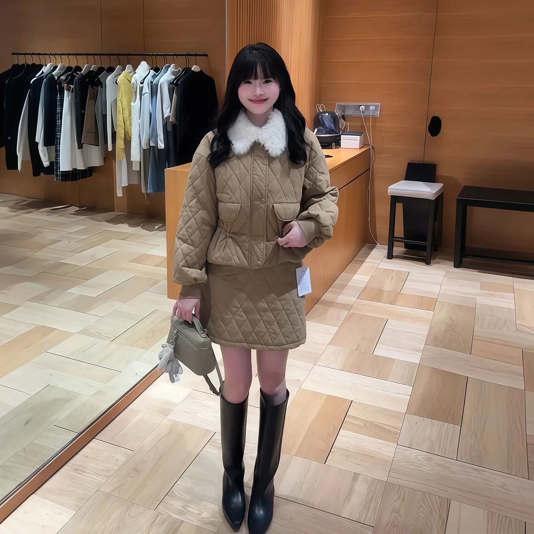 韩系温柔风棉服套装裙女秋季小众不撞款毛领菱格纹外套短裙两件套