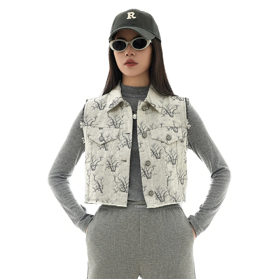 允硕春季新品时尚百搭气质印花牛仔短款马甲上衣外套625051