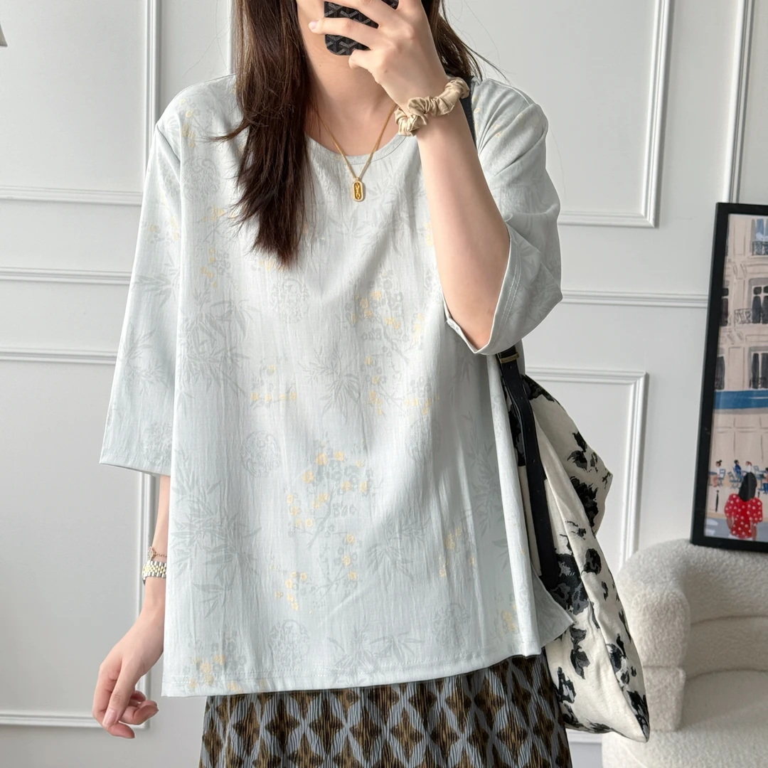 美亚恩NANA【小苍兰】夏季新中式国风提花短袖T恤宽松显瘦C0409