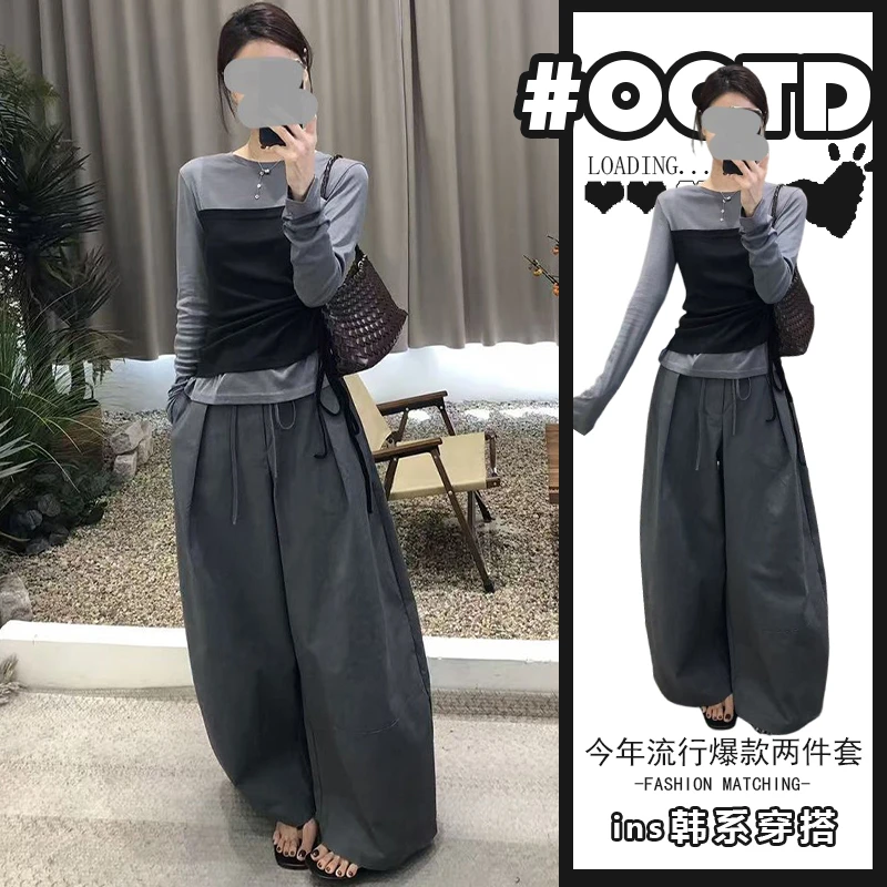 时尚撞色拼接假两件长袖上衣女2025春秋系带收腰阔腿裤两件套