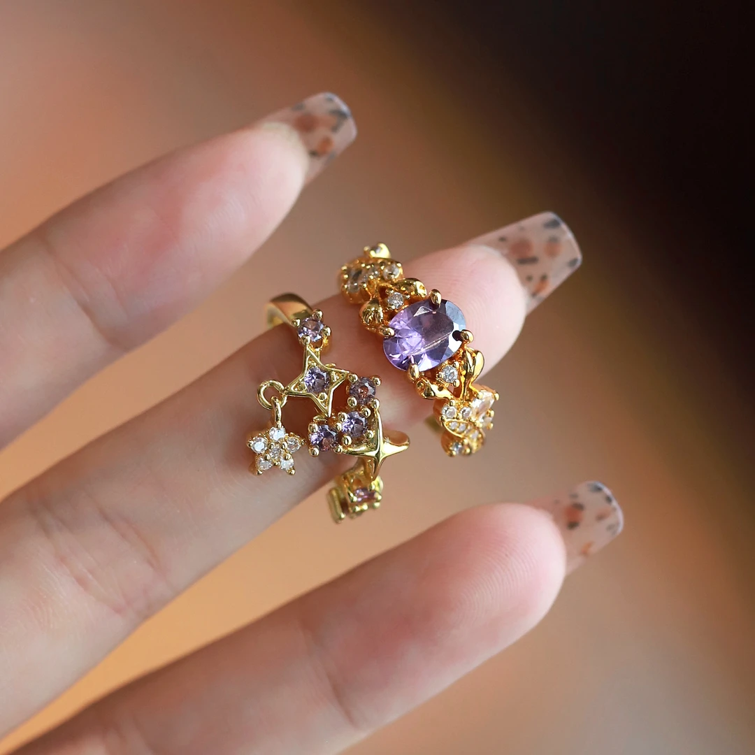 合金合成锆石戒指 微闪中古拉丝紫金花满天星戒指女轻奢精致指环