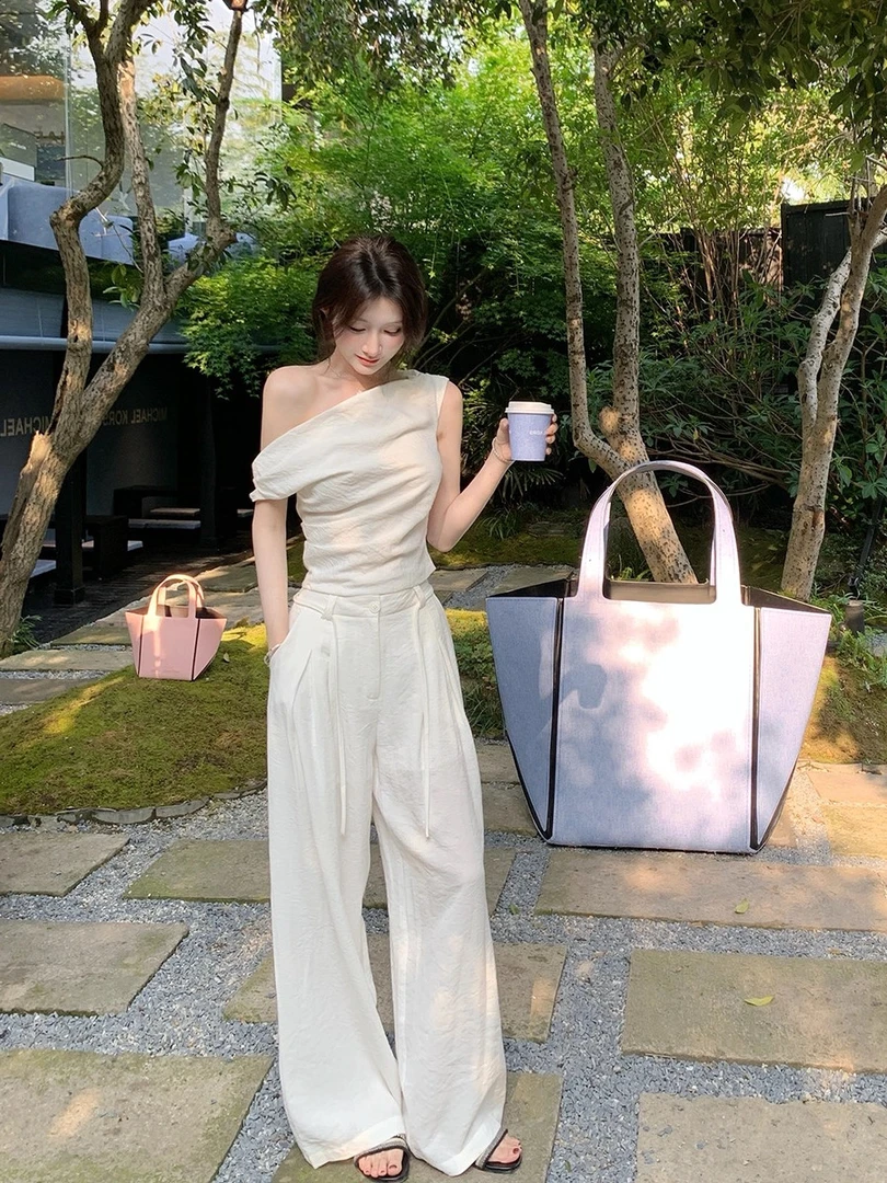 夏日清甜〜斜肩短袖T恤高腰显瘦阔腿裤女度假风套装