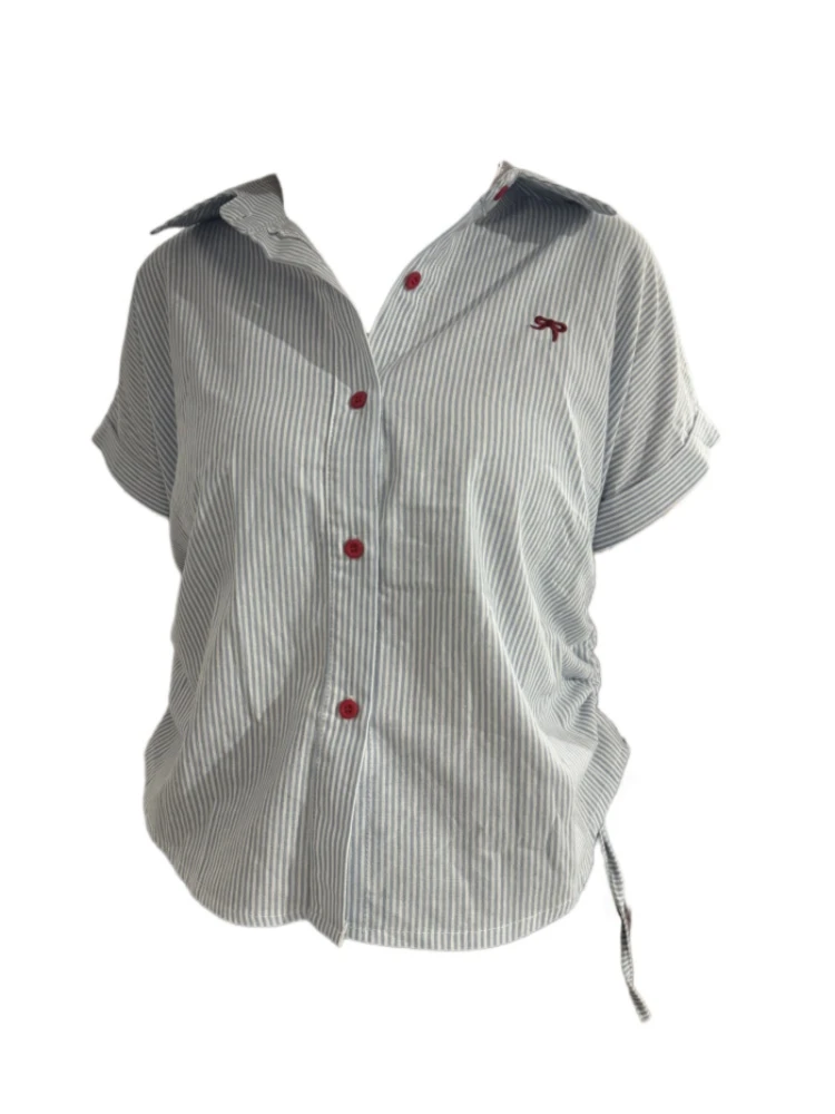 【Amy家】微胖mm设计感抽绳刺绣短袖衬衫女夏季条纹蝴蝶结显瘦上衣