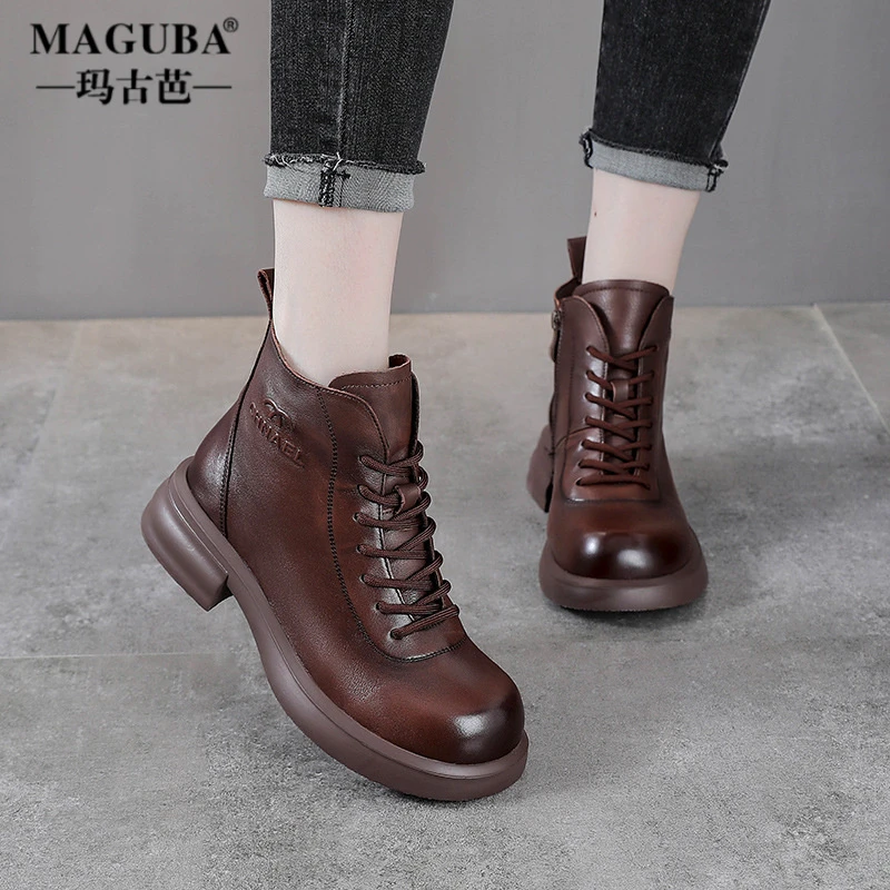 玛古芭马丁靴头层牛皮短筒女靴复古英伦风粗跟侧拉链厚底增高百搭