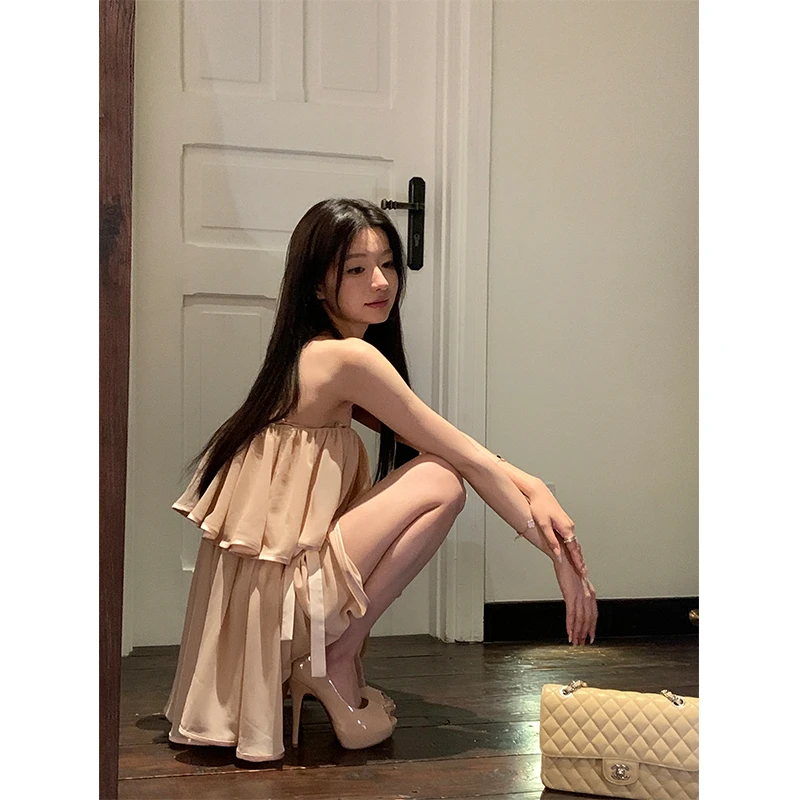 古早缪斯 夏季新款法式纯欲风性感修身显瘦气质一字肩抹胸连衣裙