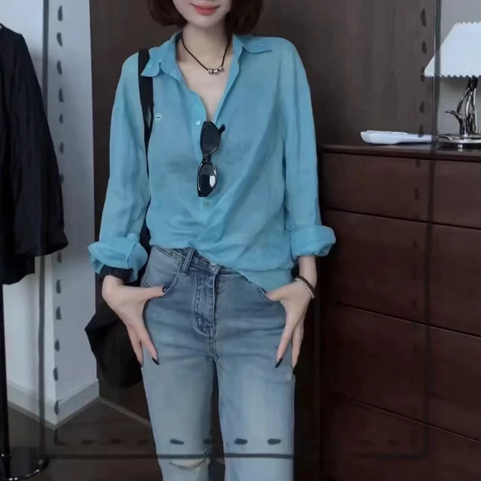 25368大爱美依缘2025夏季新款经典简约亮色长袖衬衫休闲防晒上衣