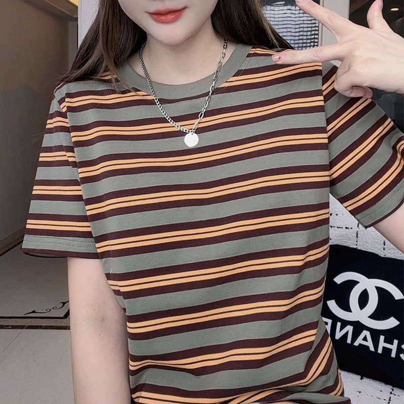 高品质纯棉条纹短袖t恤女宽松年夏季百搭打底衫体恤上衣