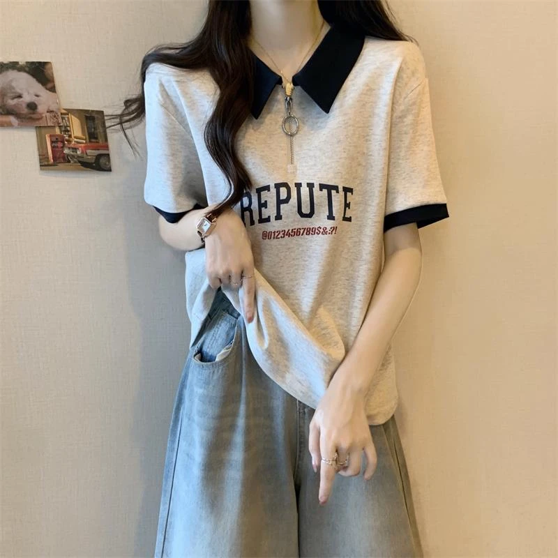 大码撞色polo领正肩短袖t恤女夏季胖mm显瘦设计感半拉链美式上衣