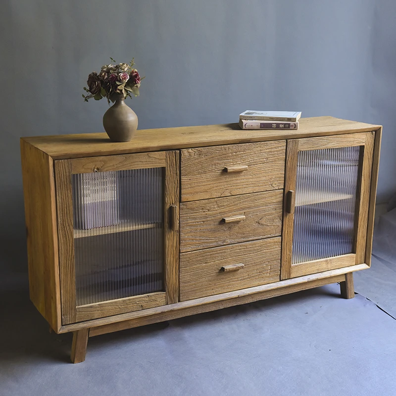 北方老榆木实木餐边柜简约靠墙展示柜钢化玻璃茶水储物柜小户型