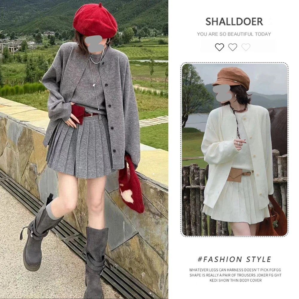网红洋气炸街套装女2025年春秋新款针织百褶连衣裙开衫外套两件套