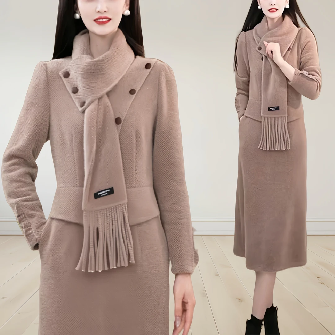 2024秋冬季新款韩版设计感围巾连衣裙气质显瘦休闲百搭中长款裙子