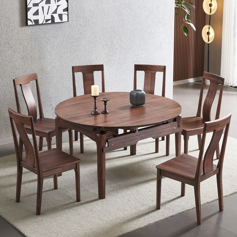 黑胡桃木现代中式伸缩餐桌椅餐厅方圆两用饭桌家用全实木吃饭桌子