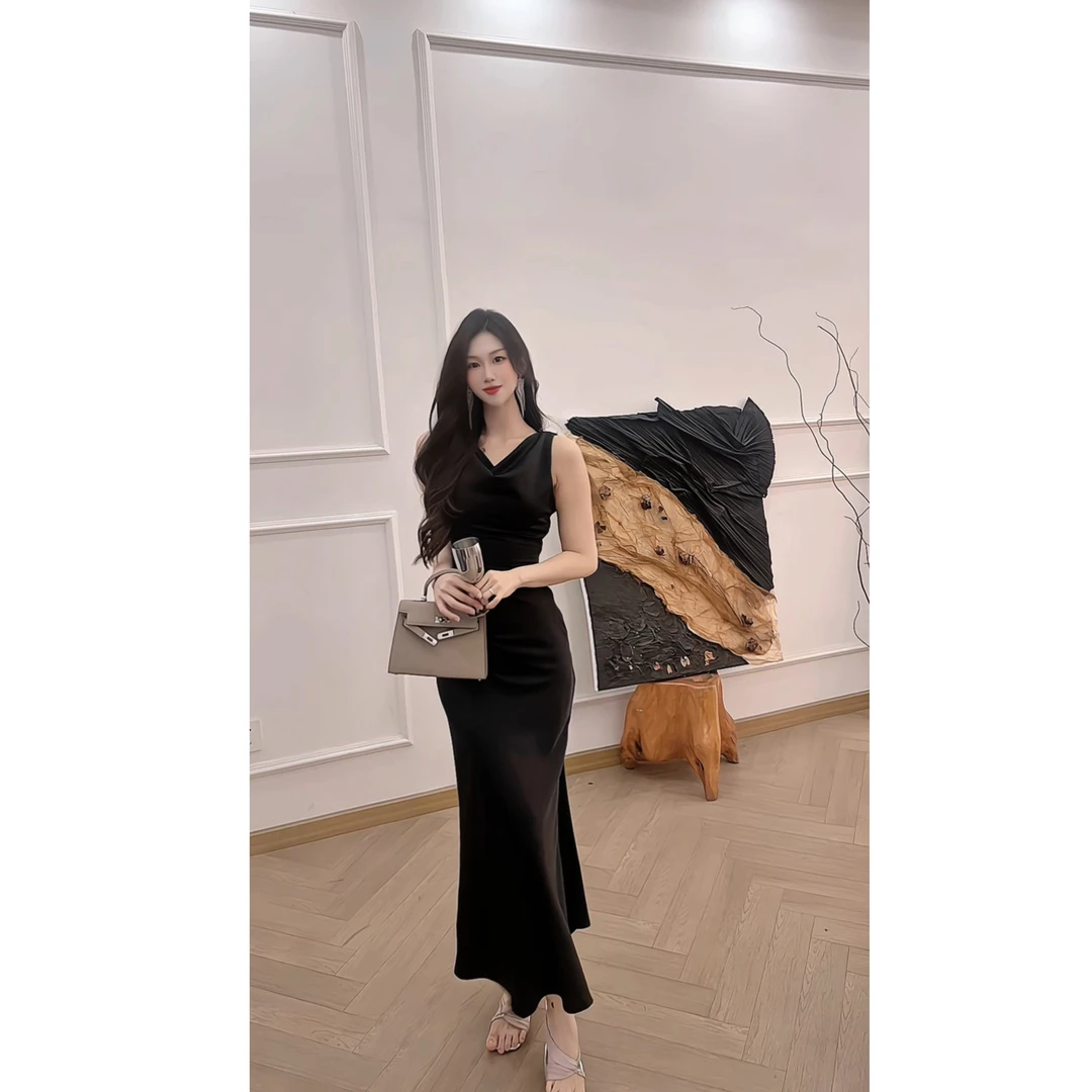 流光缎面高端气质06御宴会礼服长裙女法式设计荡领显身材连衣裙