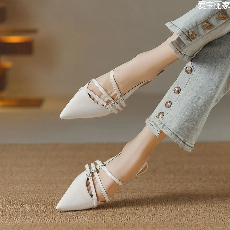 法式名媛真皮包头凉鞋女2025春夏新款尖头低跟平底玛丽珍后空单鞋