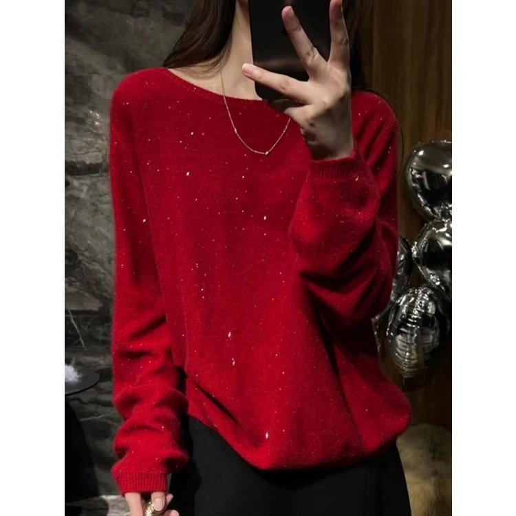 优雅时髦轻奢红色长袖针织毛衣女2025秋季新款潮宽松柔软大码上衣