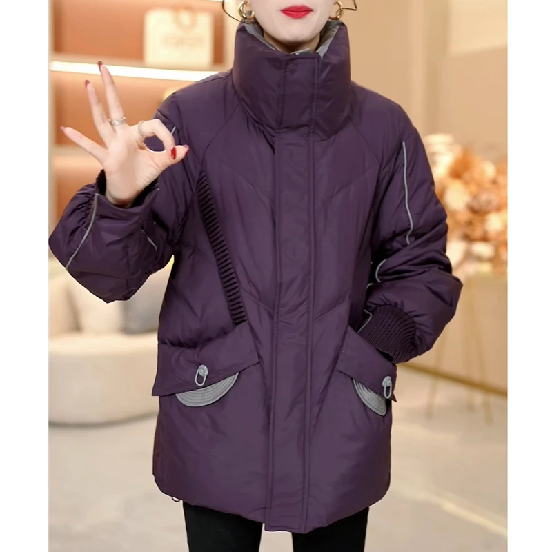 休闲时尚撞色免洗保暖羽绒服女士冬季韩版宽松大码加厚白鸭绒外套