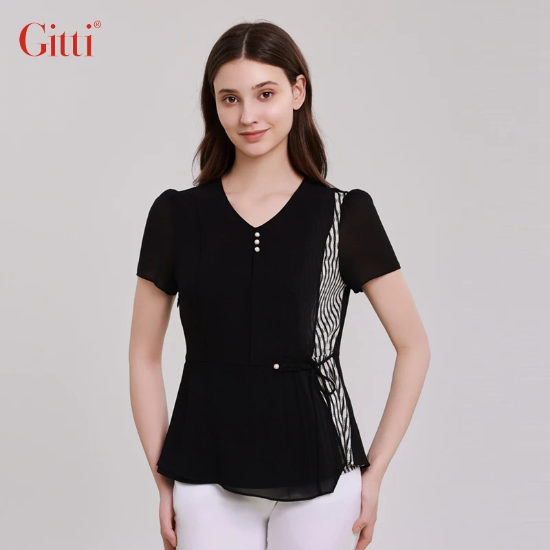 Gitti/吉蒂优雅气质V领短袖女显瘦减龄雪纺拼接修身T恤G251381