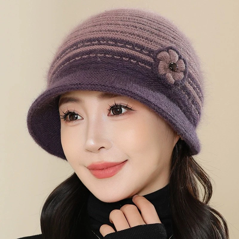 中老年新款兔毛盆帽妈妈帽奶奶帽时尚简约针织帽子女加绒保暖