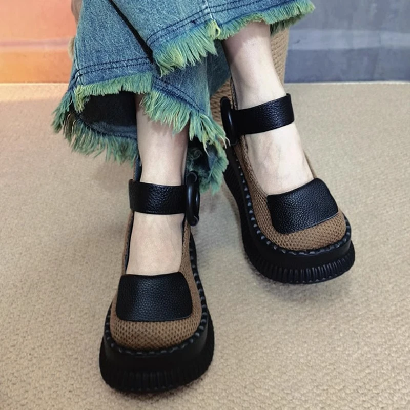 原创手工软皮女鞋2025春秋新款厚底魔术贴单鞋女复古松糕底大头鞋