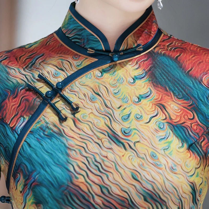 5611薄款日常复古风中国风少女半圆襟长袖旗袍显瘦优雅时尚中式