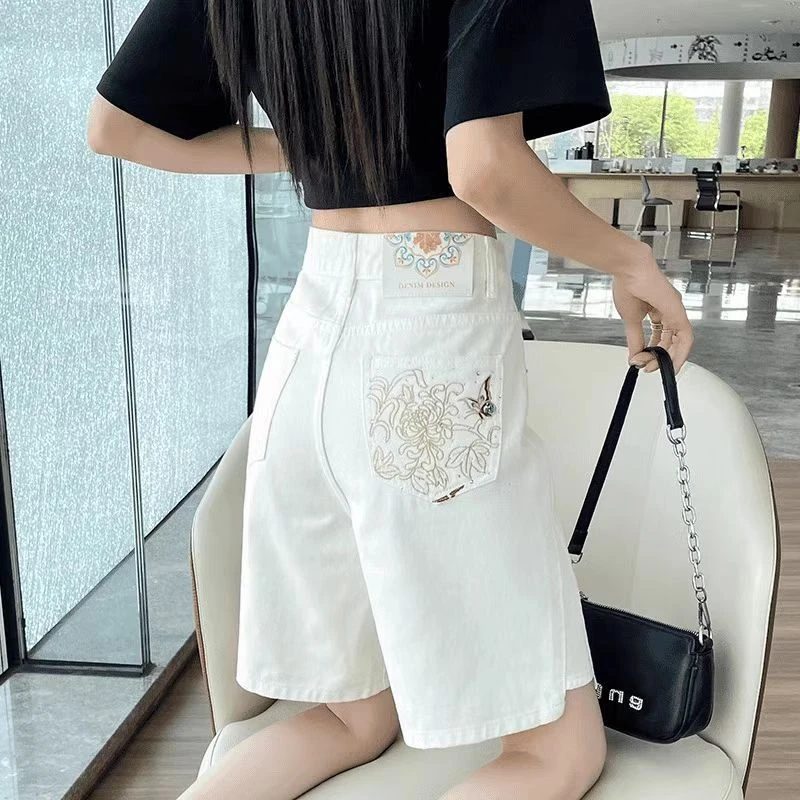新中式国风牛仔短裤女2025夏季薄款高腰显瘦a字宽松白色中裤子潮