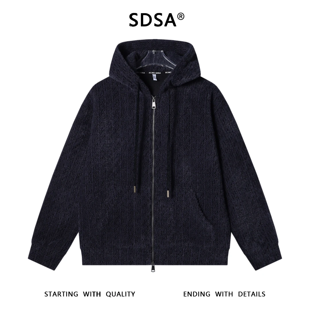 SDSA男士秋冬新款痞帅男装重磅绒毛提花开衫拉链抽绳连帽卫衣百搭