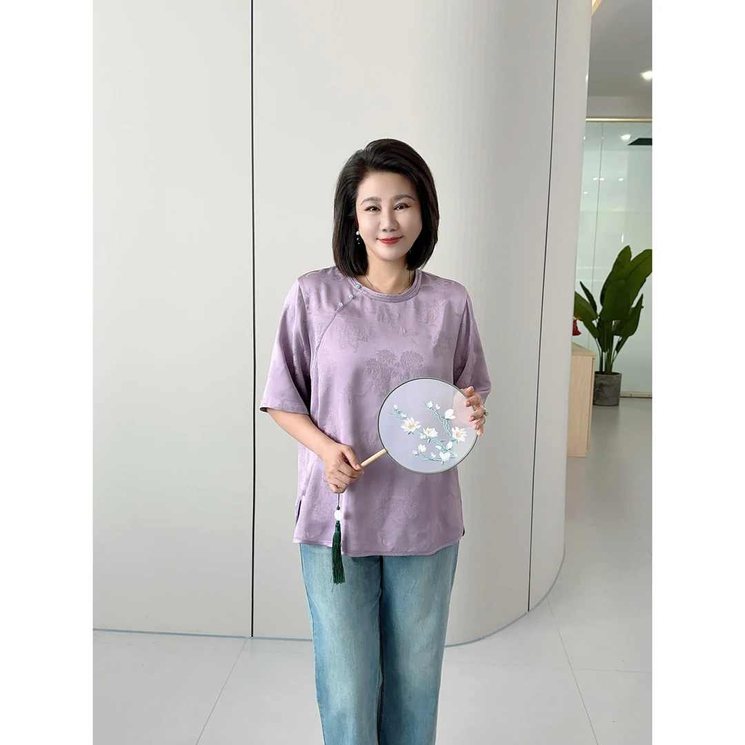 微胖女装【贵族千金】国风暗纹提花圆领斜襟上衣新中式短袖20750