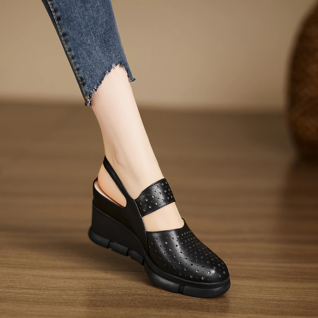 9cm~厚底高跟凉鞋新款真皮松糕底女鞋夏季镂空洞洞鞋包头后空凉鞋