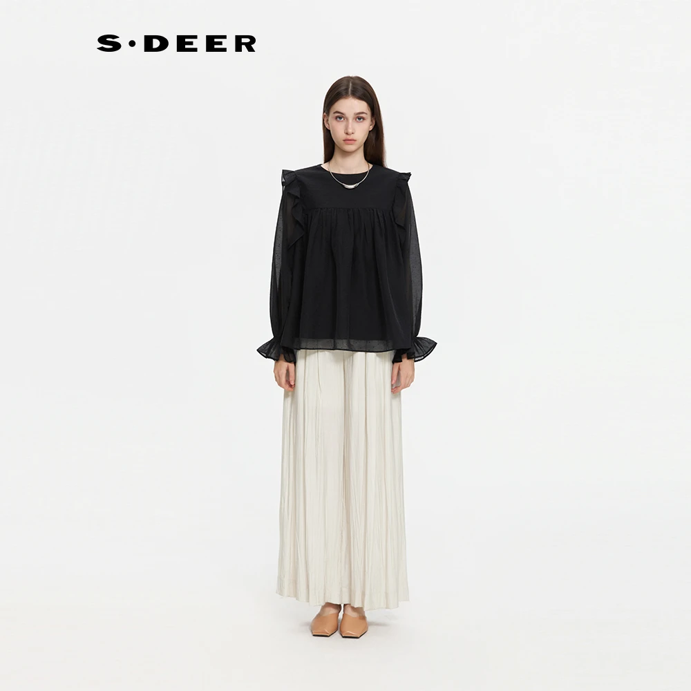 S·DEER圣迪奥女装秋季法式喇叭袖荷叶边雪纺衬衫上衣S253Z0522