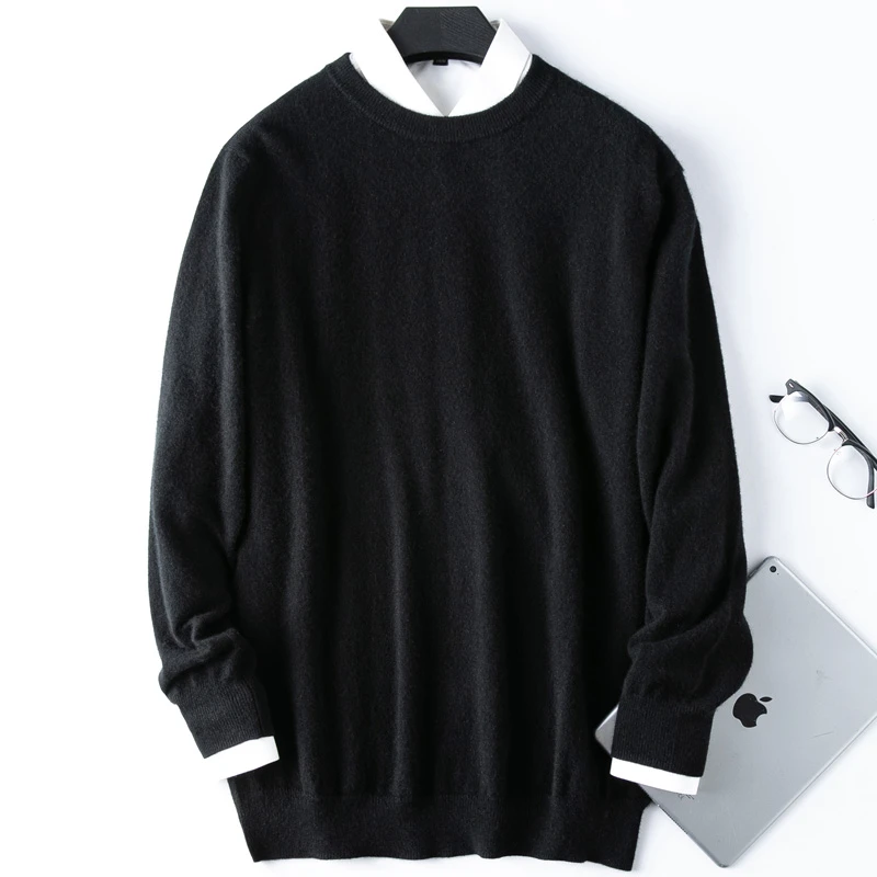 康A系列男圆领基础款纯山羊绒 男士宽松圆领长袖羊绒衫休闲