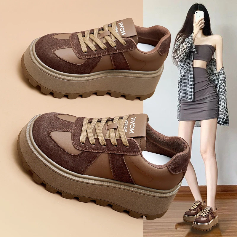 小个子厚底内增高真皮休闲鞋子女2025新款百搭秋冬加绒松糕脏脏鞋