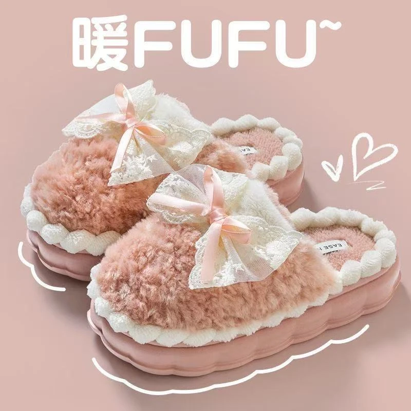 【福利价】洁丽雅棉拖鞋女冬季新款厚底室内家居防滑保暖蝴蝶结毛绒