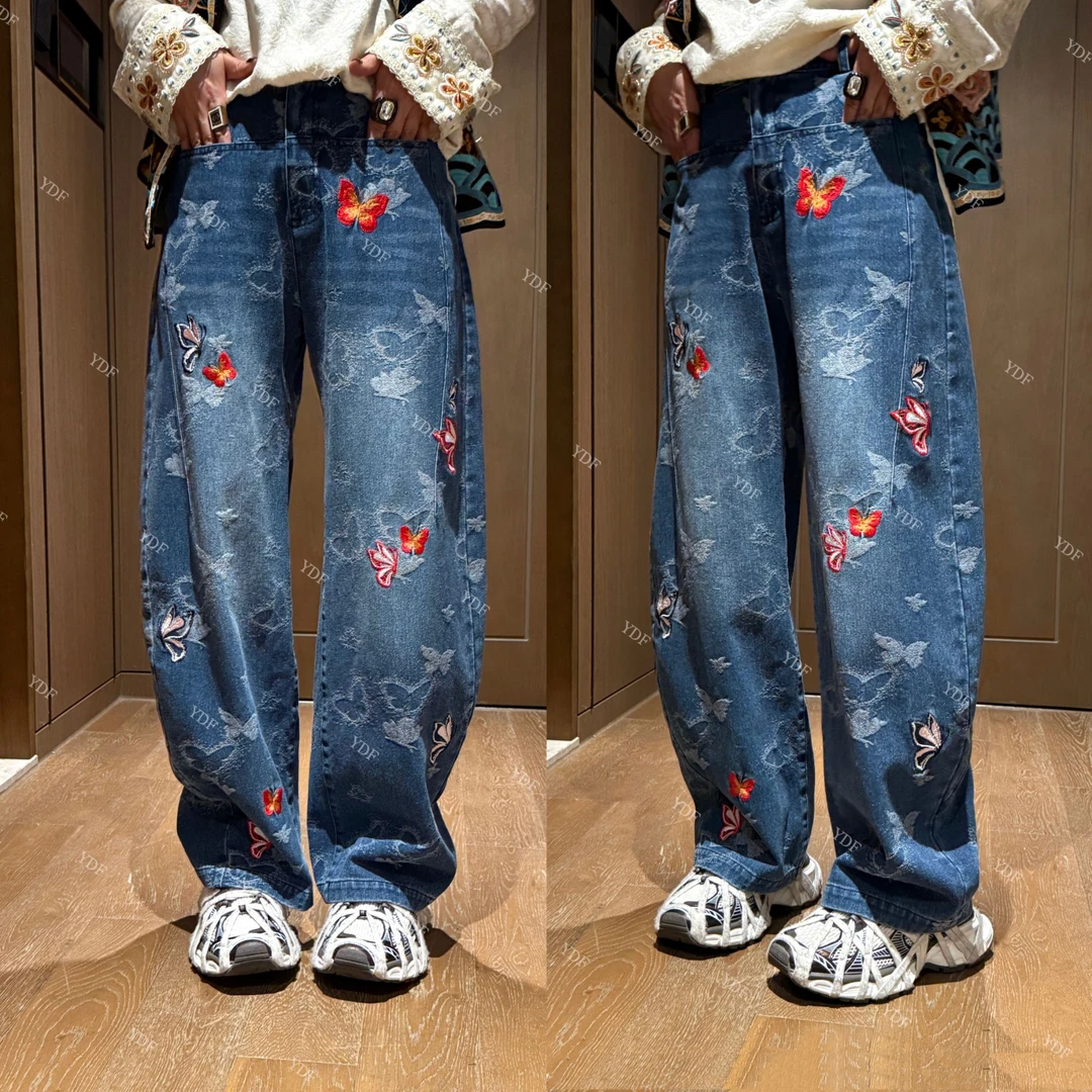 YDFSTUDIO小众【蝴蝶裤】欧货早秋重工蝴蝶刺绣设计时尚弯刀牛仔裤