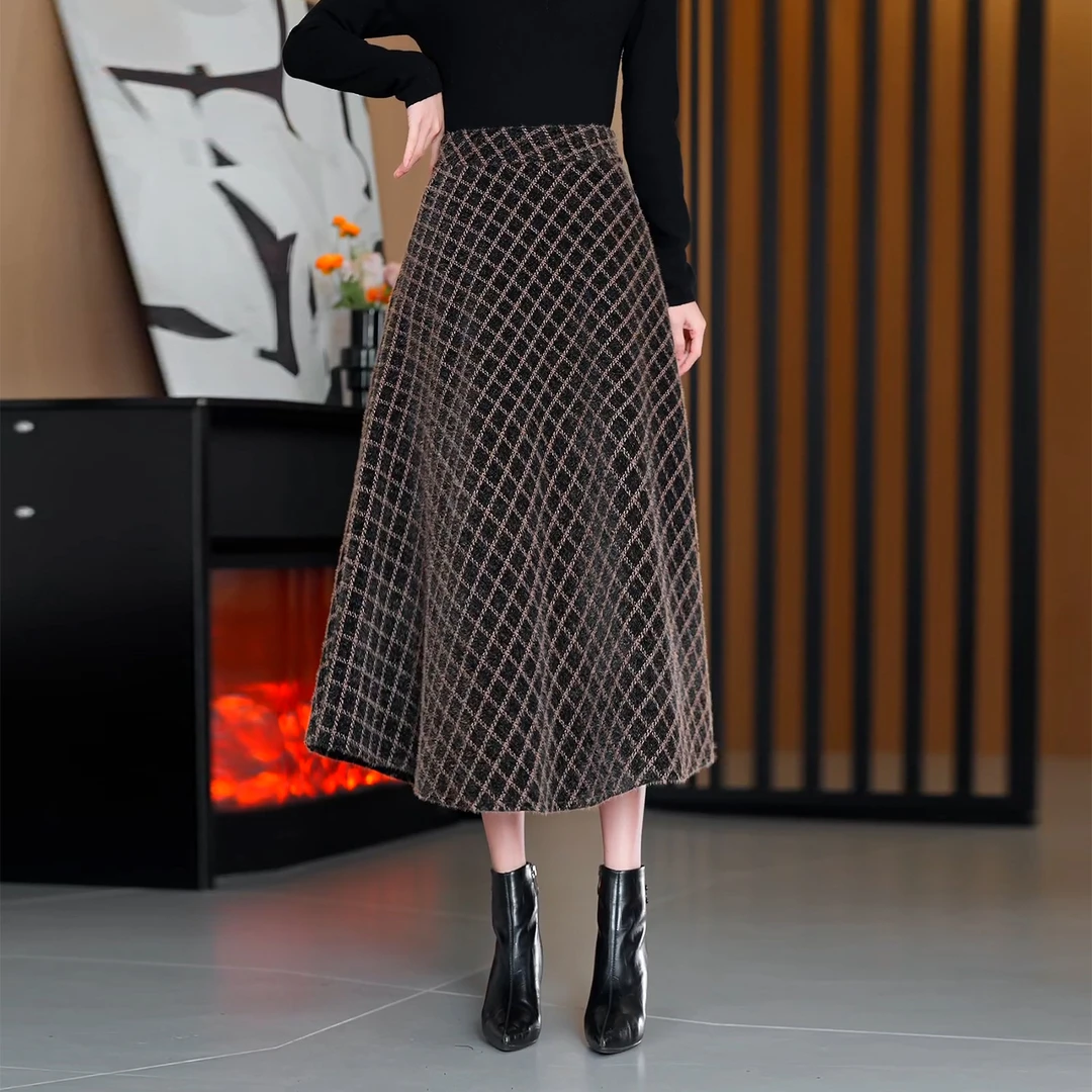 雪尼尔绒格子半身裙冬季仿水貂绒a字大摆裙垂坠感百褶中长裙伞裙