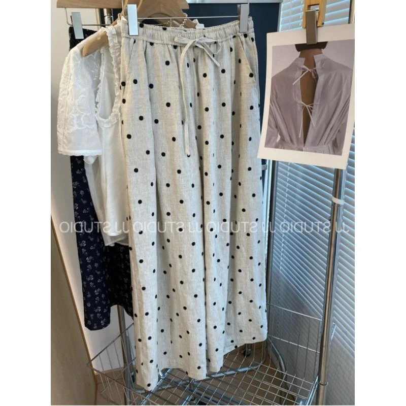 雪千羽波点阔腿裤女秋季新款亚麻裤子休闲凉凉裤今年流行的梧桐裤