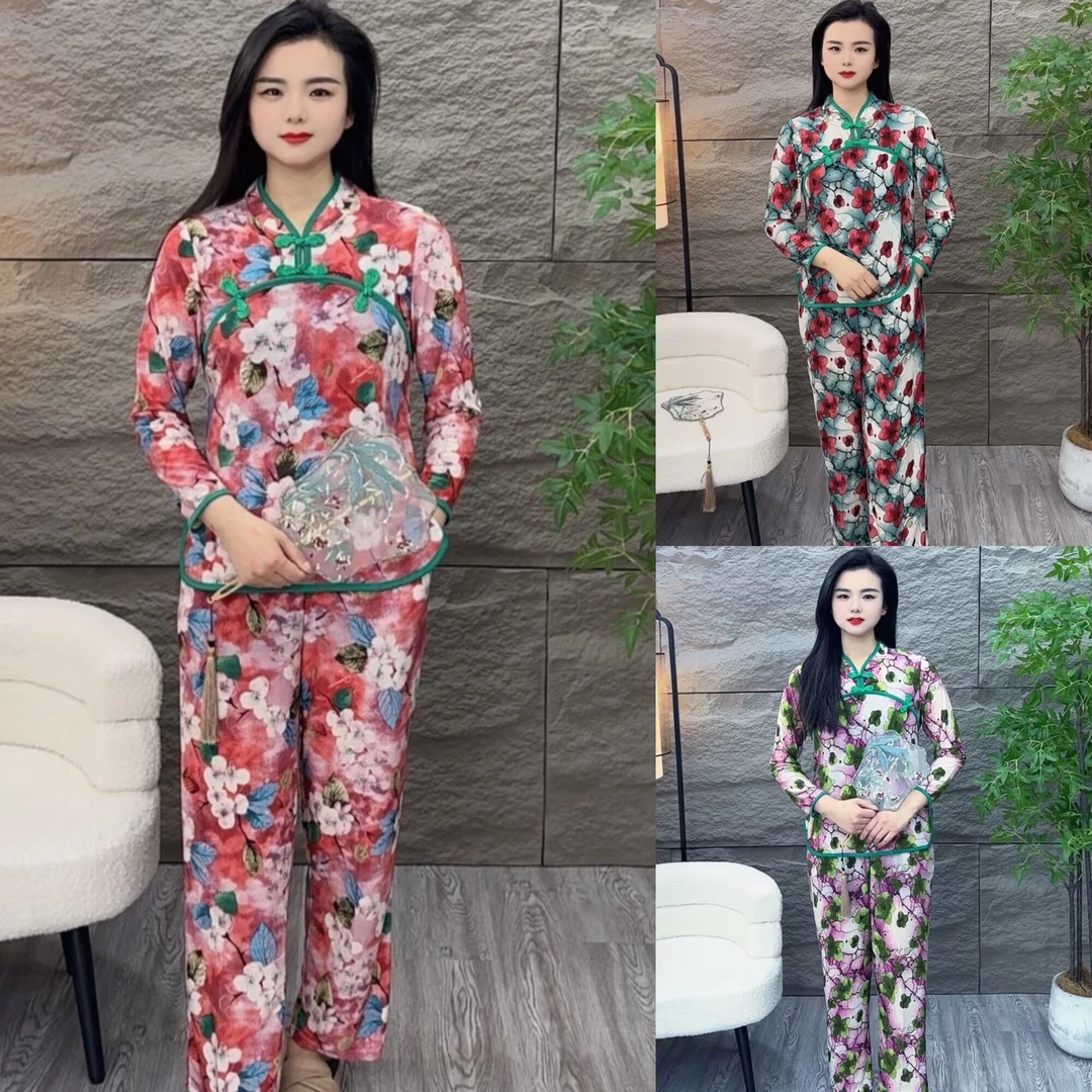 【长袖】早春秋新款时尚复古中式改良长袖民族风妈妈套装两件套