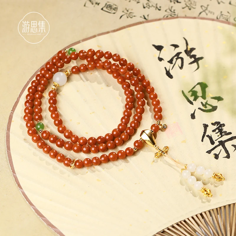 【忆江南·山寺手串】天然南红玛瑙和田玉白玉碧玉108珠串新中式四圈