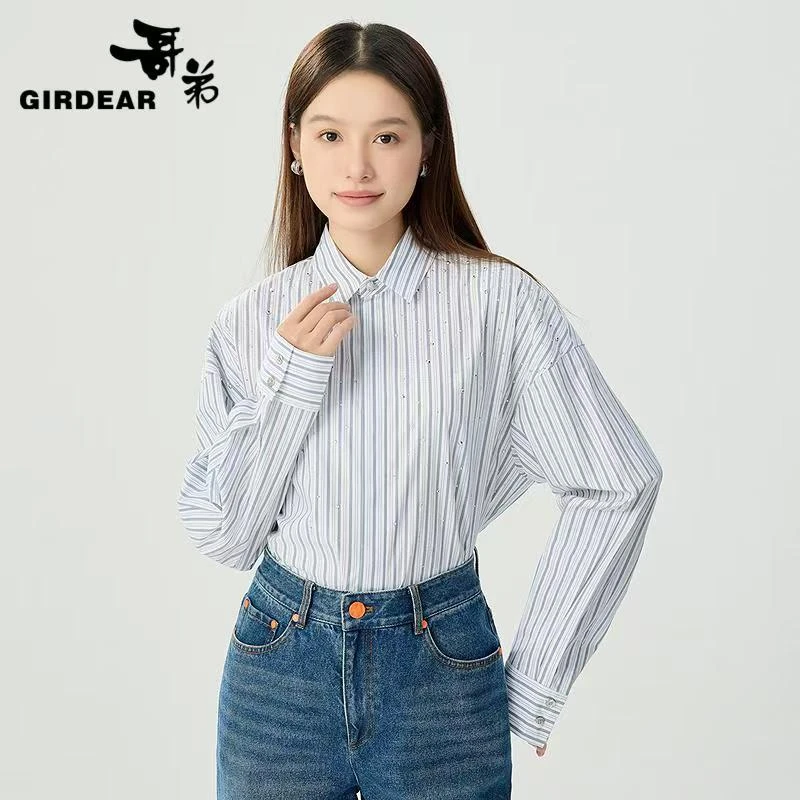 GIRDEAR/哥弟1300989 新款时尚轻奢精致烫钻百搭翻领条纹长袖衬衫