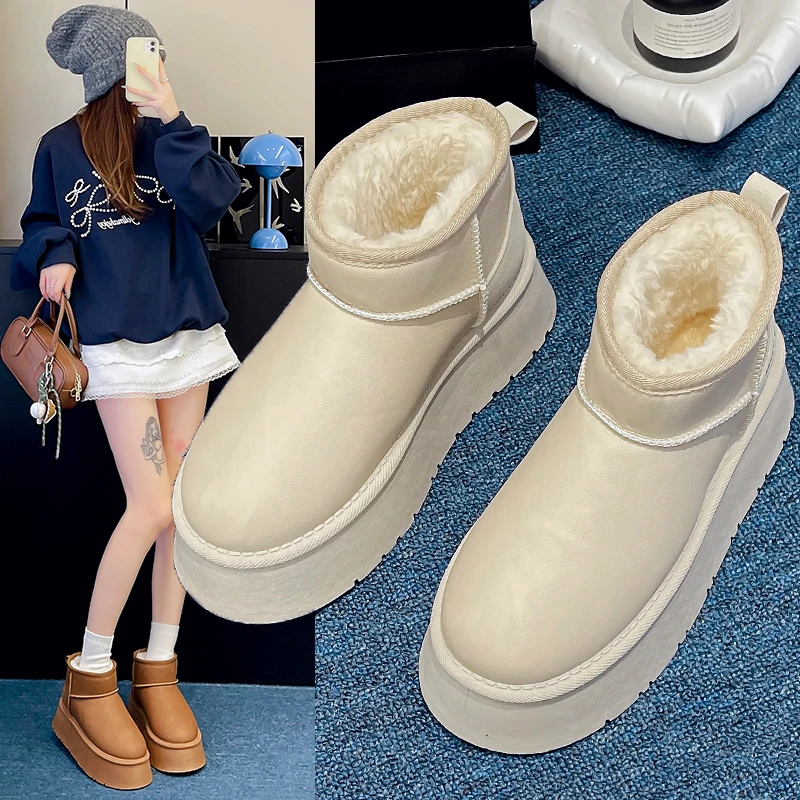 6公分防水加厚皮面小个子必入雪地靴冬厚底短皮毛一体厚绒时尚女