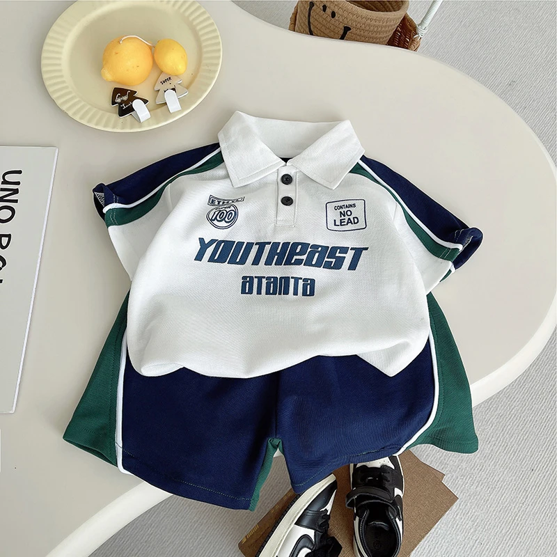 男童男孩套装字母薄款夏季单排扣套装童装洋气上衣时尚t恤夏款