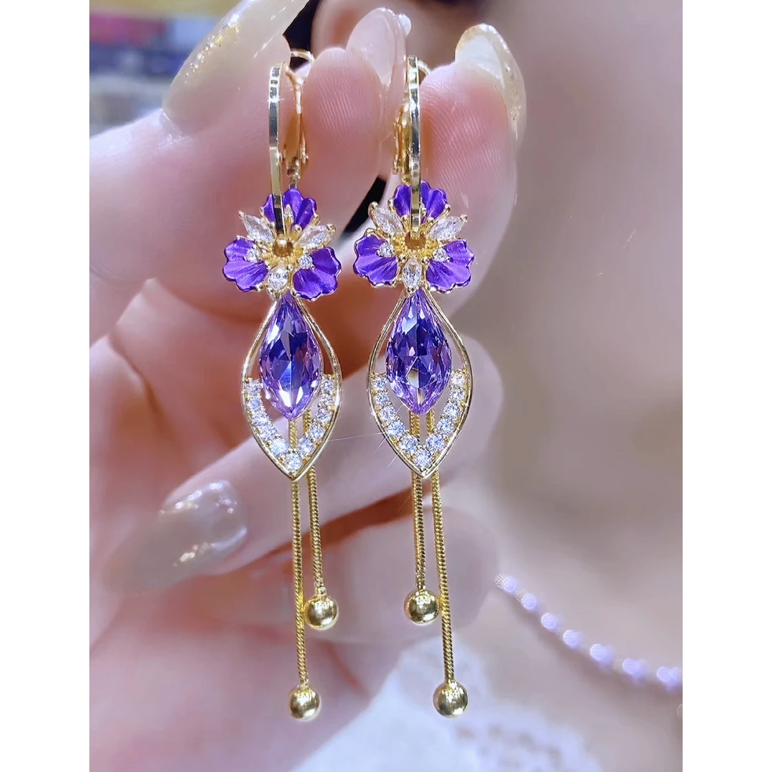 铜合金合成锆石耳饰 精致个性浪漫气质花朵流苏耳环