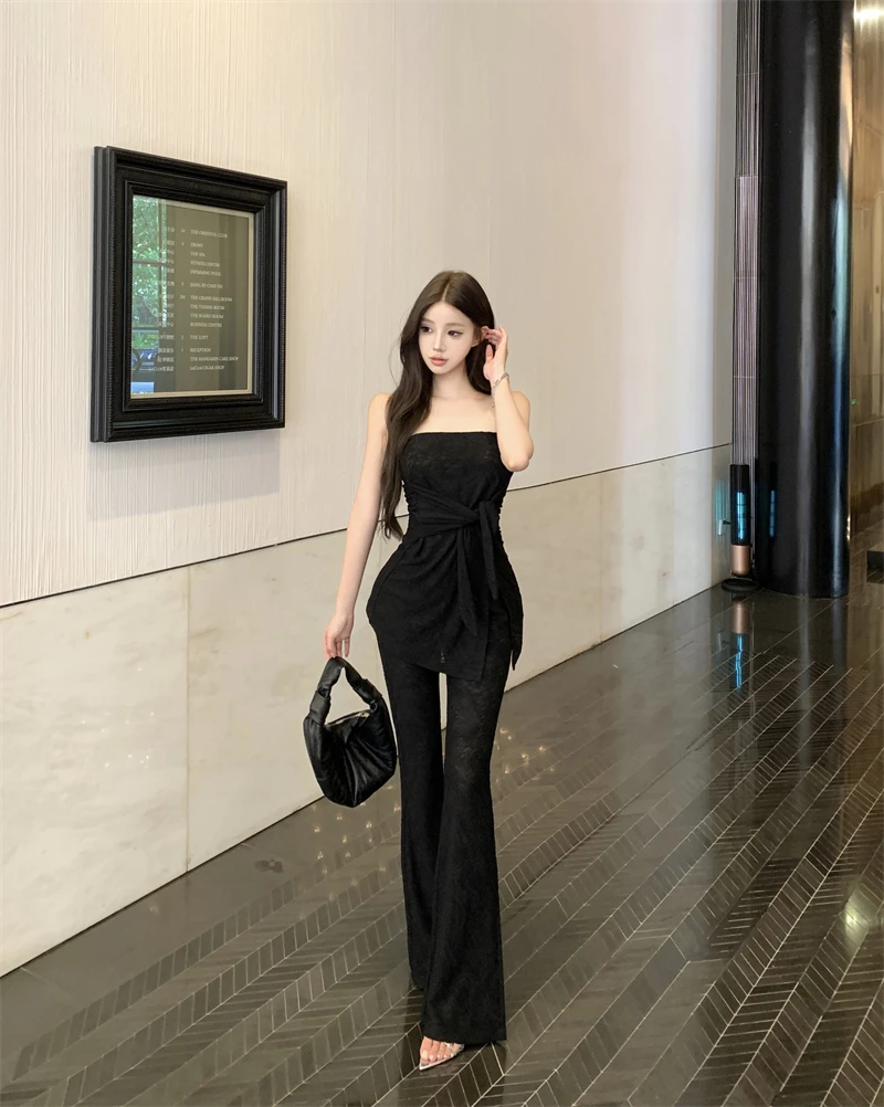 夏季新款纯欲辣妹性感高级感黑色抹胸一字肩上衣+喇叭裤阔腿长裤