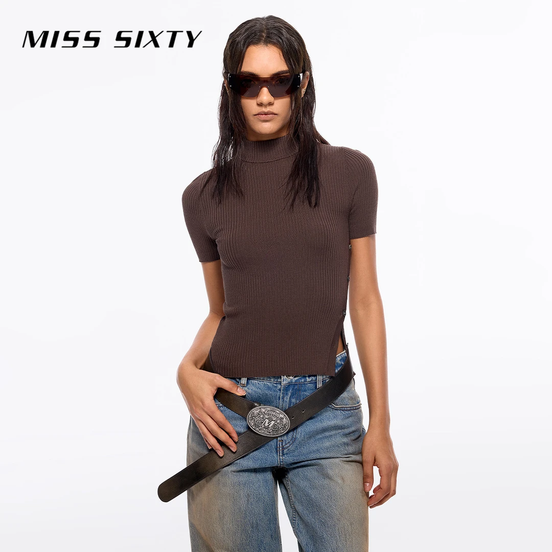 Miss Sixty桑蚕丝针织衫女气质半高领侧开衩修身短款