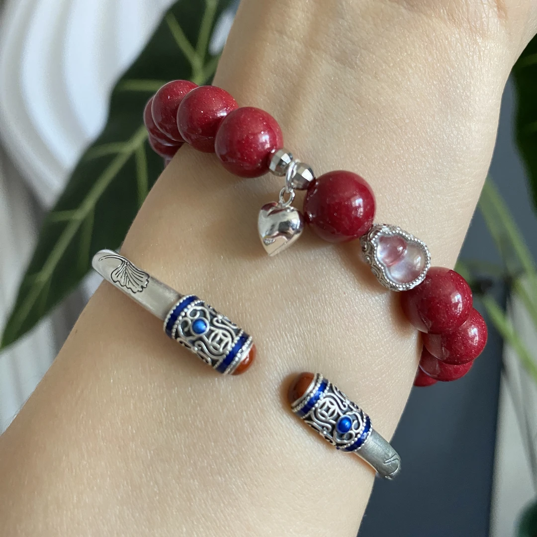 含辰砂工艺品红晶砂天然原矿提炼高含量高透光朱砂手串高定版