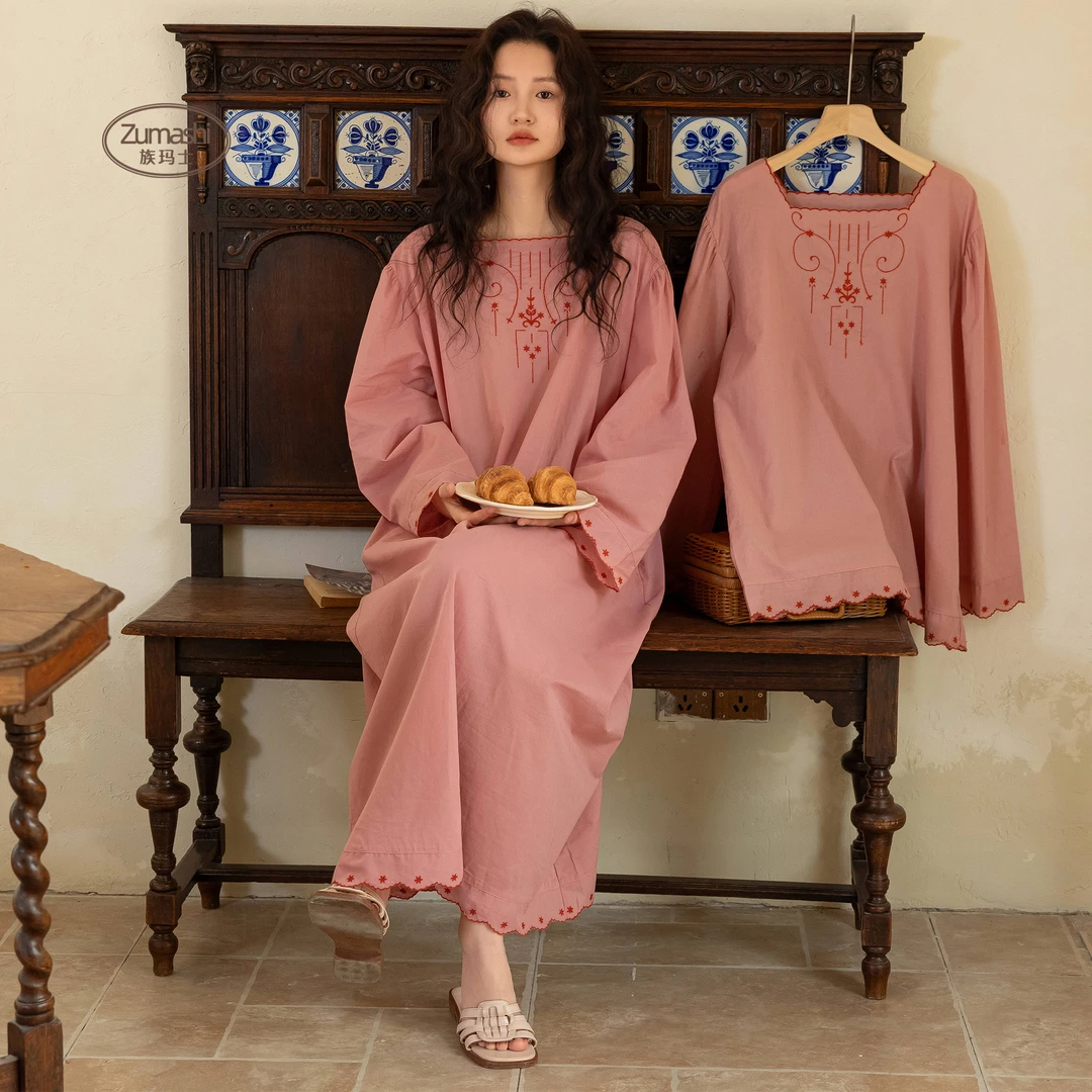 族玛士睡裙女2025新款春秋夏季长袖薄款纯棉可外出大码家居服睡衣