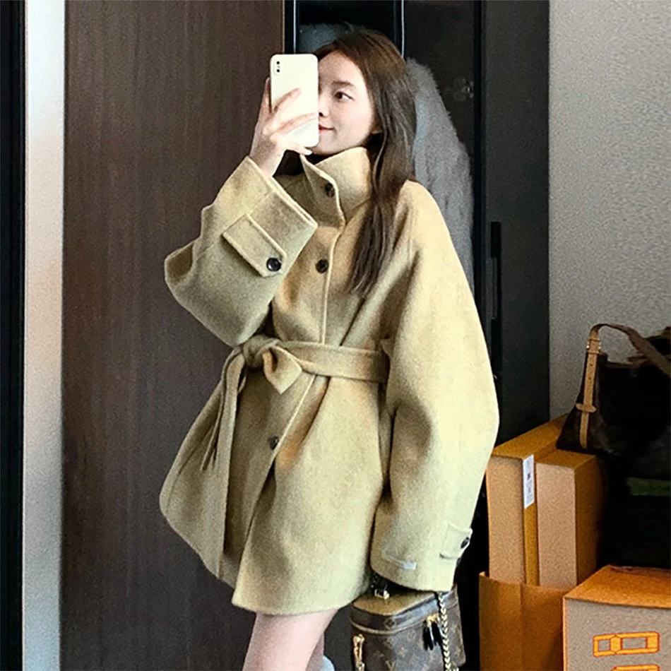 2025秋冬中长款双面绒毛呢外套女百搭时尚立领小个子短款呢子大衣